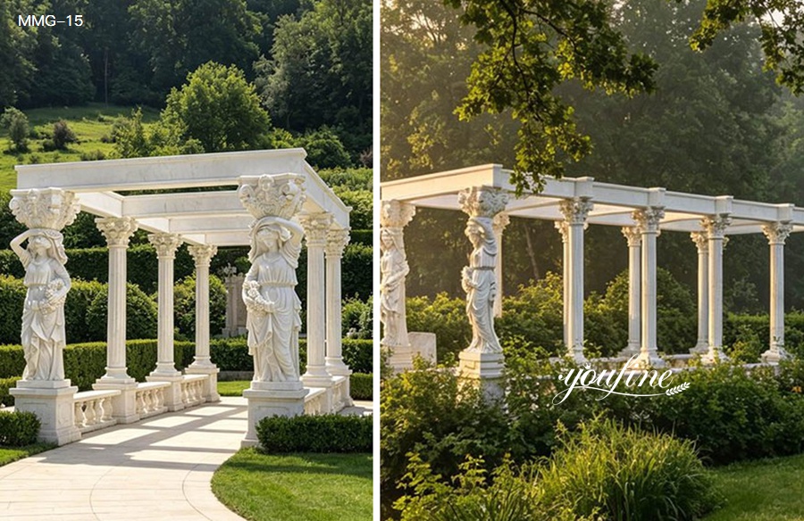 White marble column garden stone gazebo in a manicured garden, showing full view and elegant caryatid details.