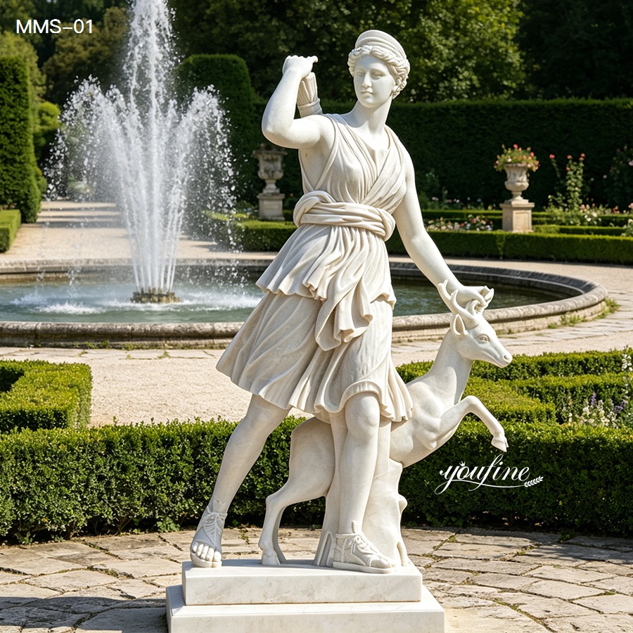 White marble Diana of Versailles statue with deer