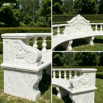 Close-up of hand-carved marble bench details, including embossed armrests, base, and smooth columns