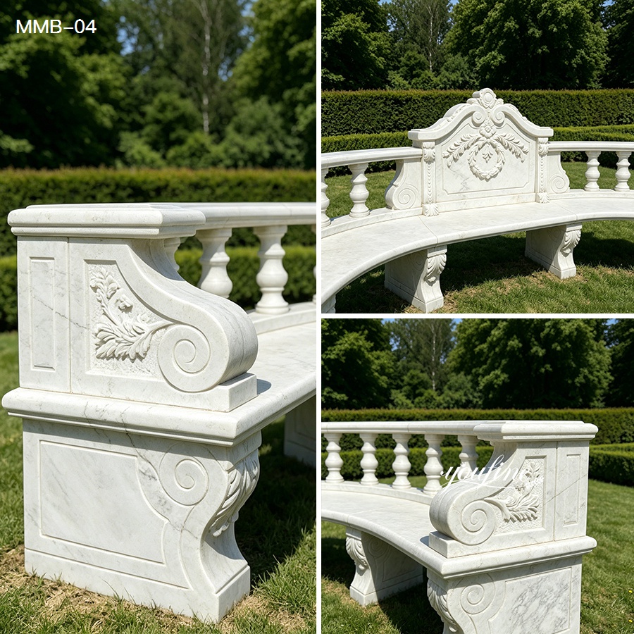 Close-up of hand-carved marble bench details, including embossed armrests, base, and smooth columns