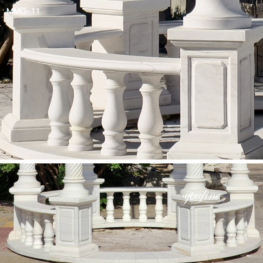 Close-up of the carved marble base, pedestal, and balustrade railing of a luxury outdoor gazebo