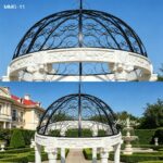 Top-down and full view of a white marble column gazebo with black iron dome, set in a manicured formal garden