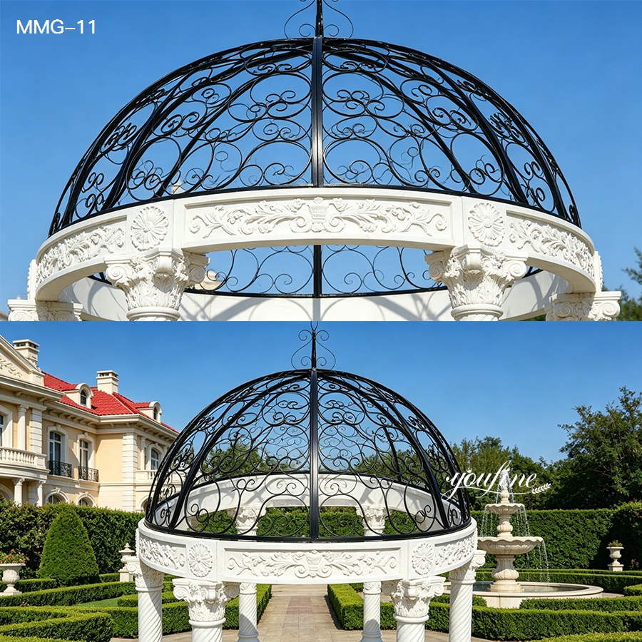 Top-down and full view of a white marble column gazebo with black iron dome, set in a manicured formal garden