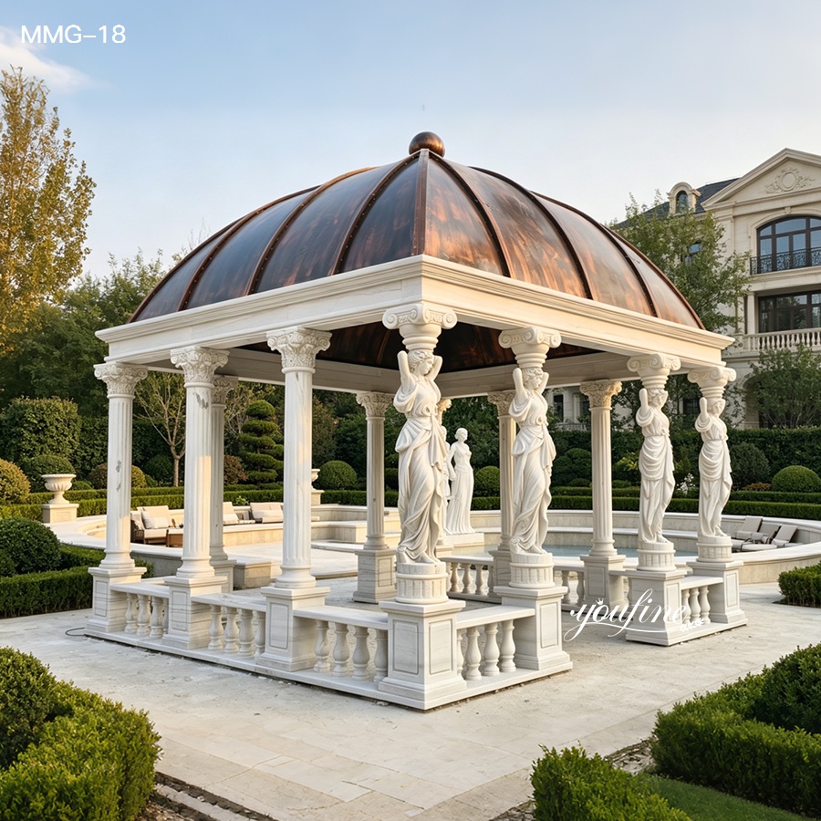 The square white marble gazebo situated in a well-manicured luxury villa garden with green hedges.