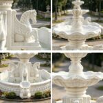 close up details of hand carved marble fountain bowls and horse sculptures