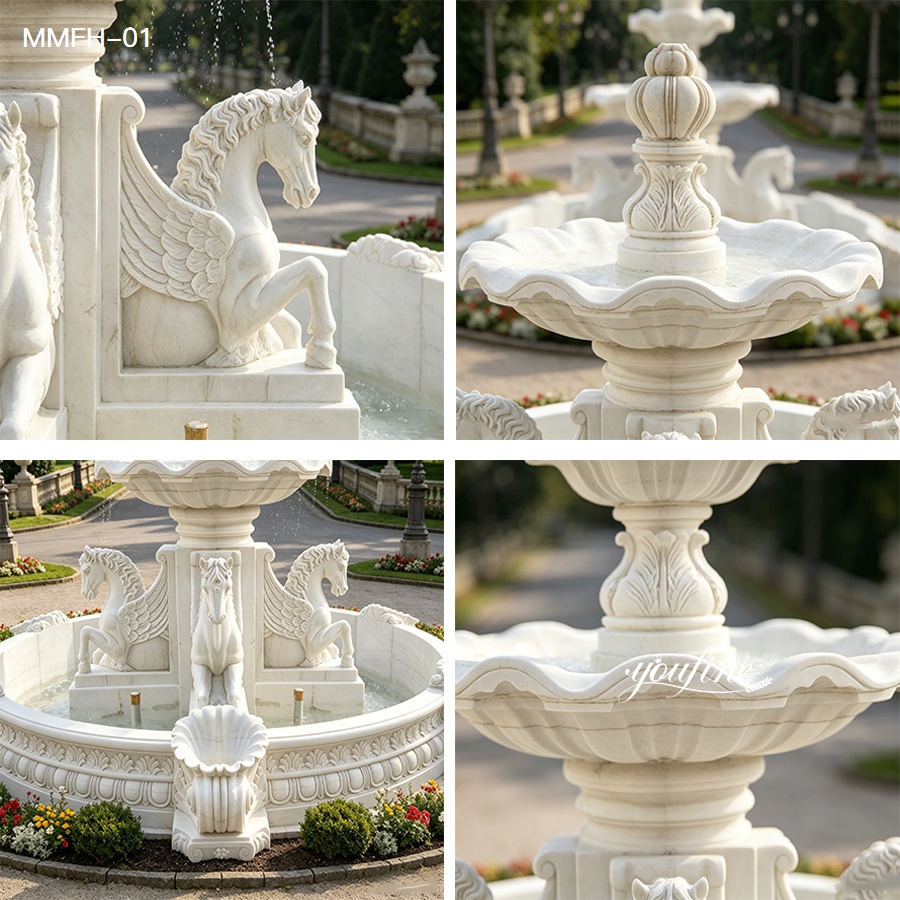 close up details of hand carved marble fountain bowls and horse sculptures