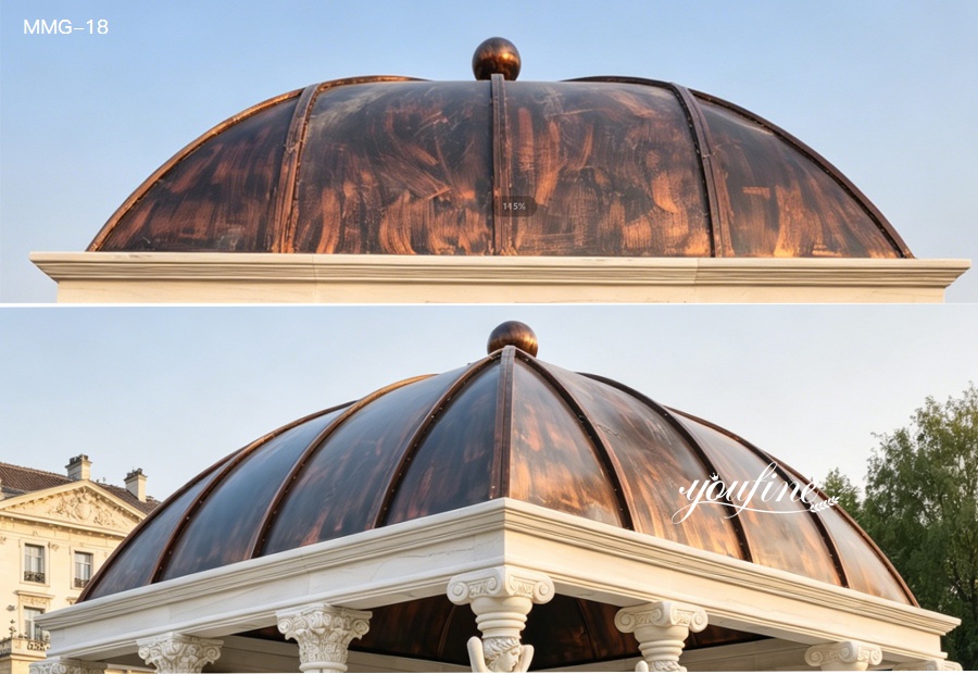 Close-up view of the weathered copper metal roof of the marble gazebo, showing its dome shape and finish.