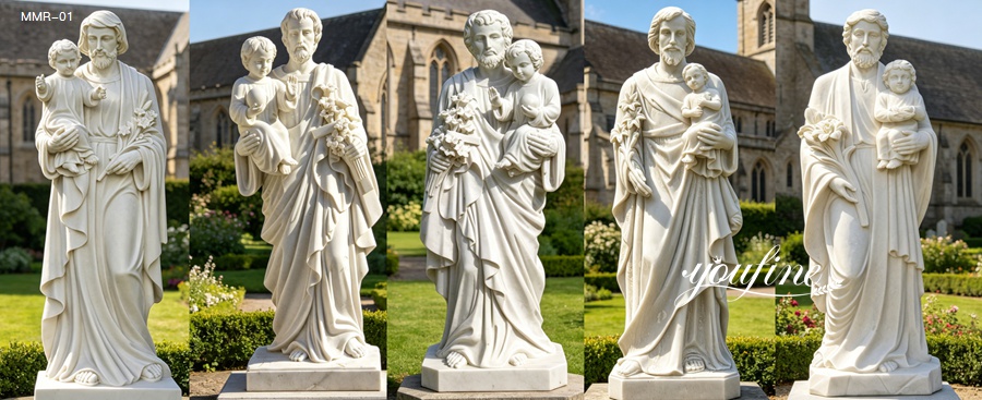 A variety of hand-carved marble St Joseph statue designs, including different poses and styles, ideal for outdoor use.