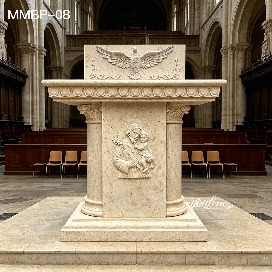 Carved beige marble pulpit with Holy Spirit dove on top and saint figure, stone lectern for church interior