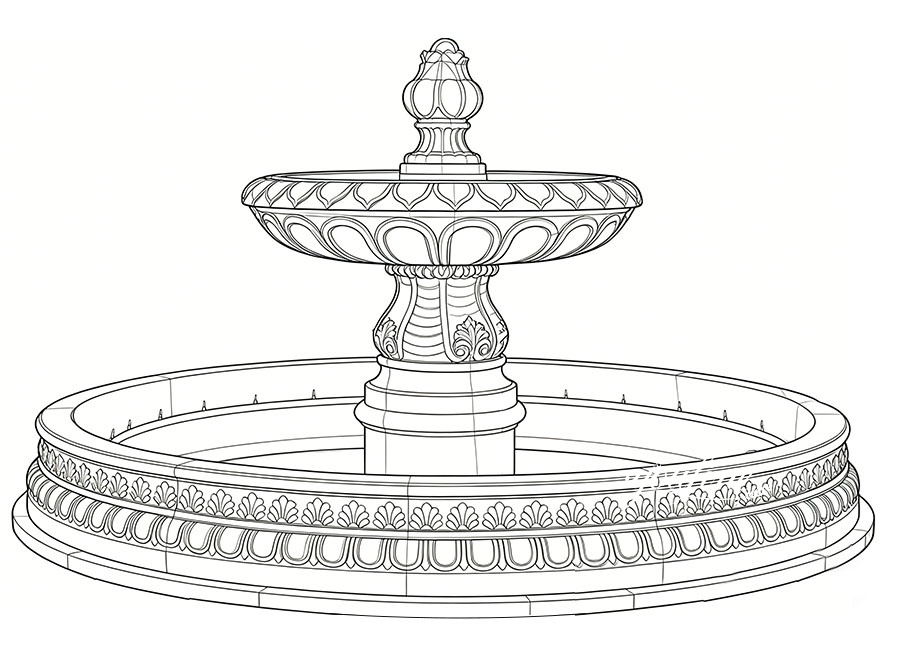 technical drawing of a one tier marble fountain with carved bowl and circular basin