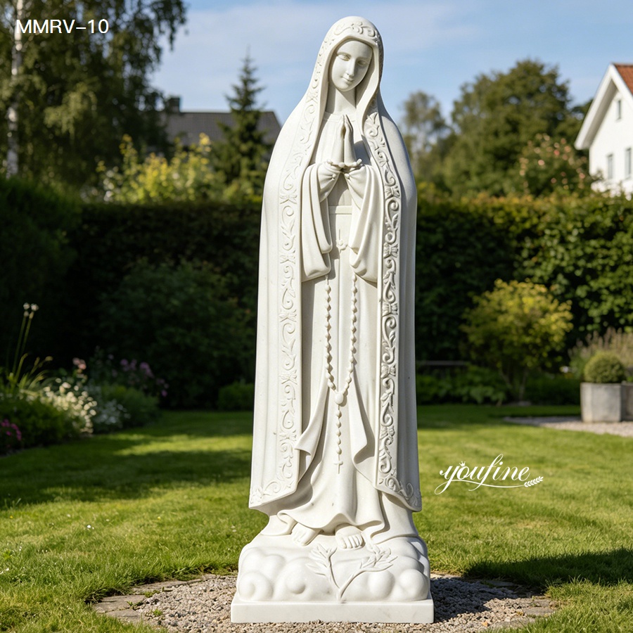 Our Lady of Fatima marble statue, hand carved white marble Virgin Mary sculpture standing in church garden, life size religious marble statue for outdoor use