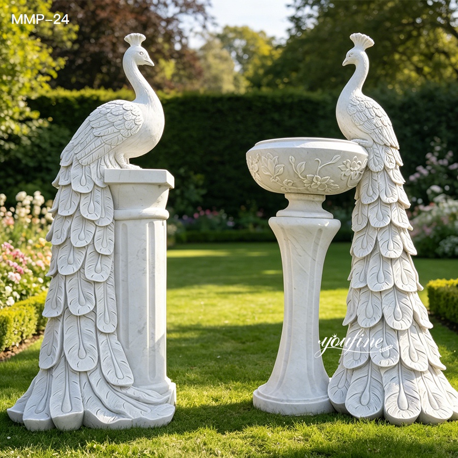 Pair of white marble peacock flower pot statues with elegant feather details