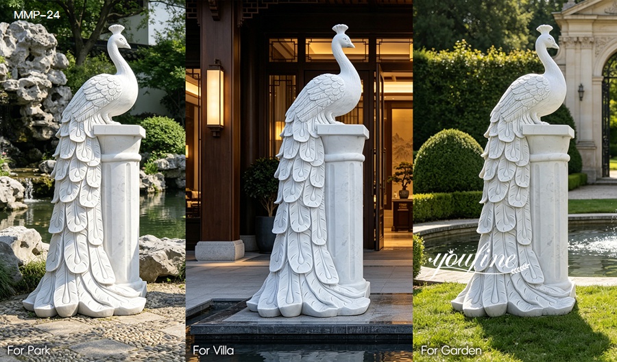 White marble peacock planter displayed in different outdoor garden settings