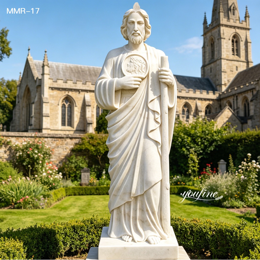 Premium hand-carved marble St. Jude statue designed for outdoor display, with the iconic staff and holy image visible.