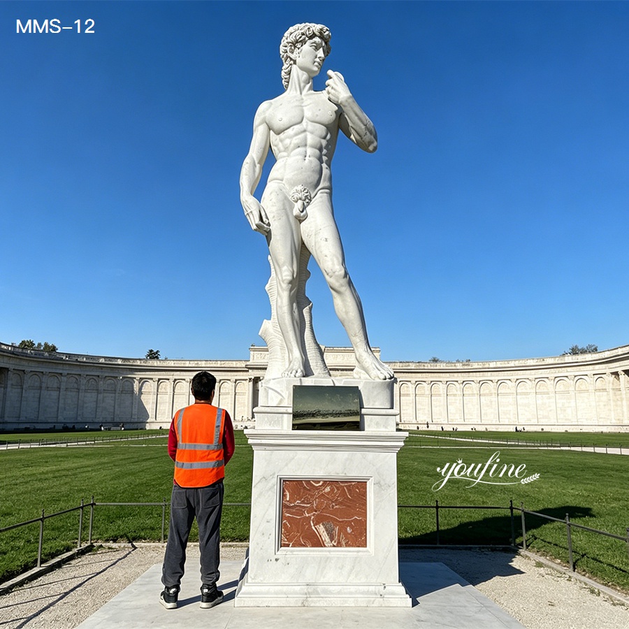 Life‑size marble David statue with red marble base for garden