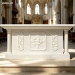 White Marble Catholic Altar with Smooth Polished Surface and Carved Reliefs
