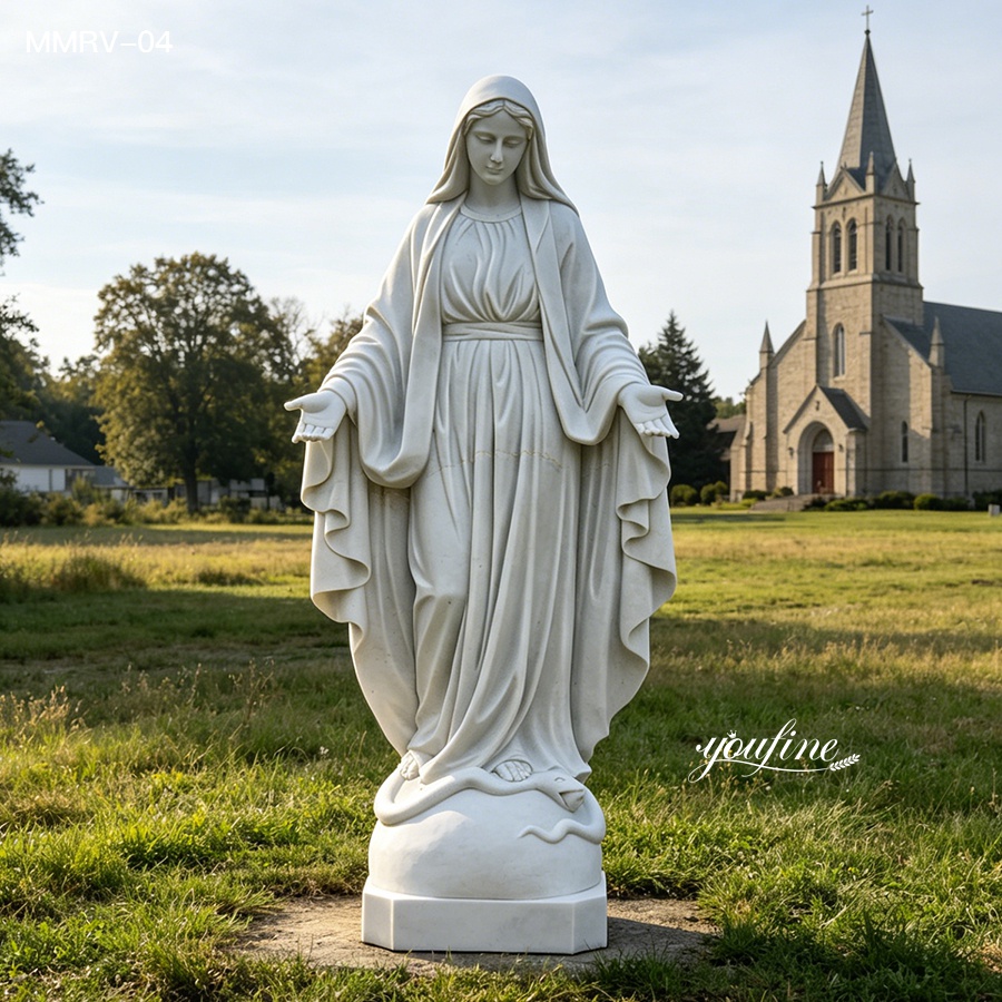 pure white marble virgin mary statue, life size religious sculpture, garden landscaping decor