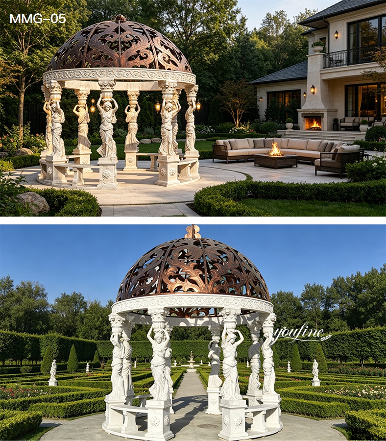 round marble garden gazebo set in two outdoor scenarios: a villa backyard patio and a formal geometric garden, showing how the gazebo elevates luxury outdoor spaces