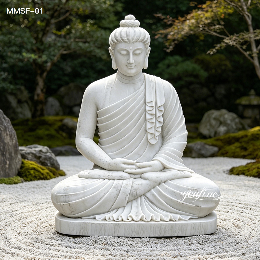 Smooth polished marble Buddha statue in meditation pose, ideal for zen garden and peaceful outdoor areas