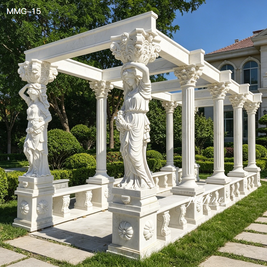 Spacious marble column garden stone gazebo, built with durable marble and detailed carvings for outdoor use.