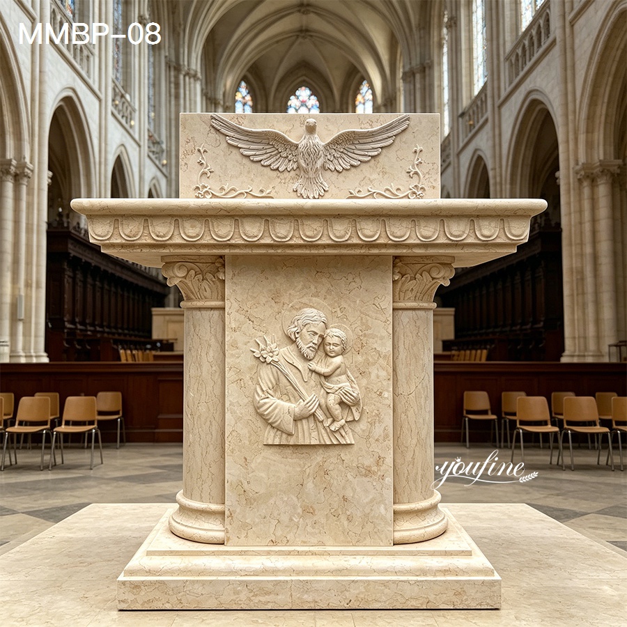 Handmade beige marble pulpit with Holy Spirit dove relief and saint sculpture, classic church lectern