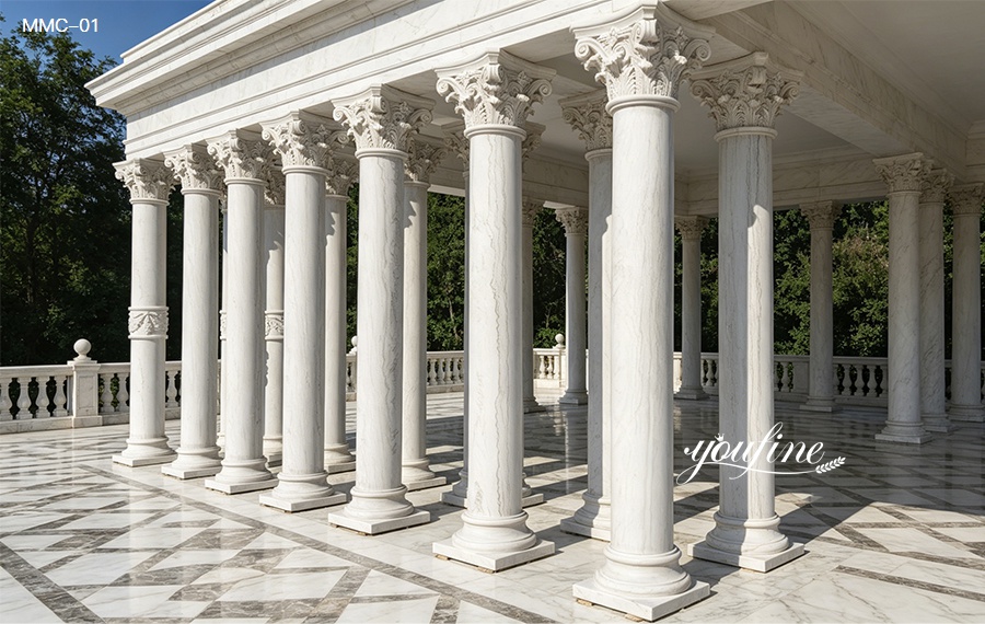 Elegant white marble column for indoor corridor and building facade