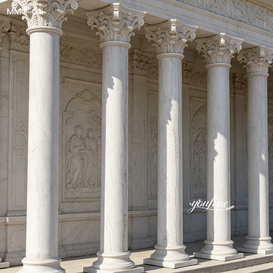 Luxury white marble column matching wall relief for classical architecture