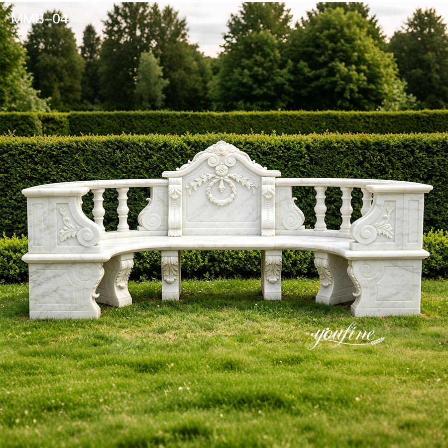 hand-carved white marble bench with decorative relief design for garden or courtyard decor