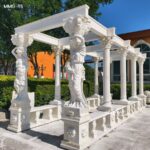 Front view of the classic marble garden stone gazebo with hand-carved caryatid statues and supporting columns.