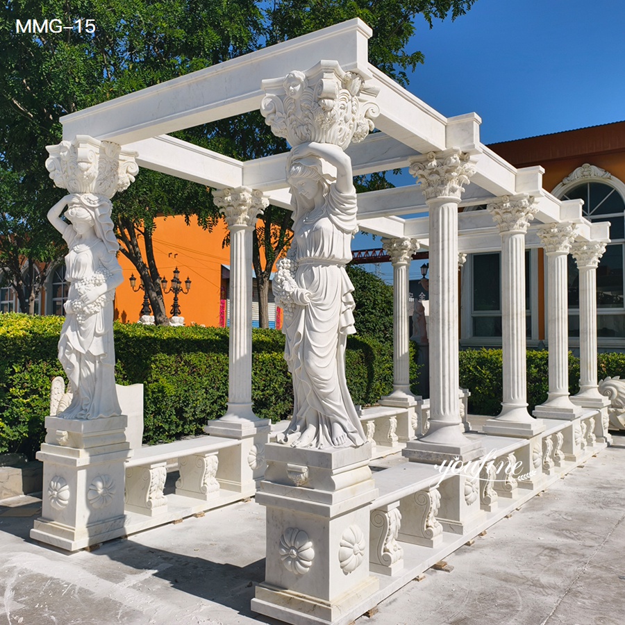Front view of the classic marble garden stone gazebo with hand-carved caryatid statues and supporting columns.
