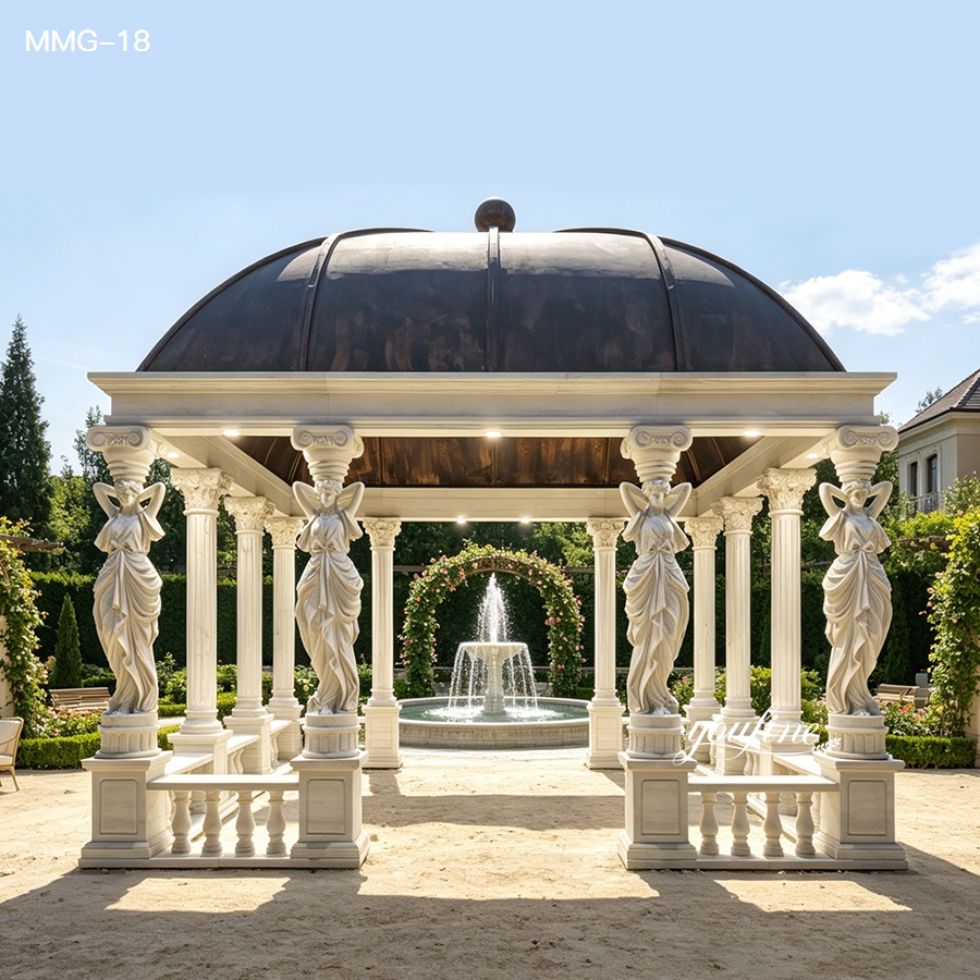The caryatid column marble gazebo positioned near a garden fountain, showcasing its elegant design.