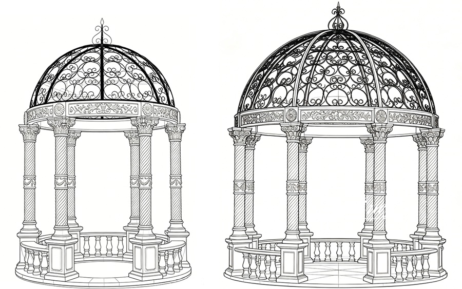 2D technical design drawings of round white marble column gazebo with two dome styles, showing structural details and dimensions