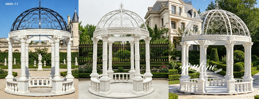 Three style options of luxury white marble column gazebo, featuring black wrought iron dome, all-white iron dome, and classic lattice dome for outdoor garden