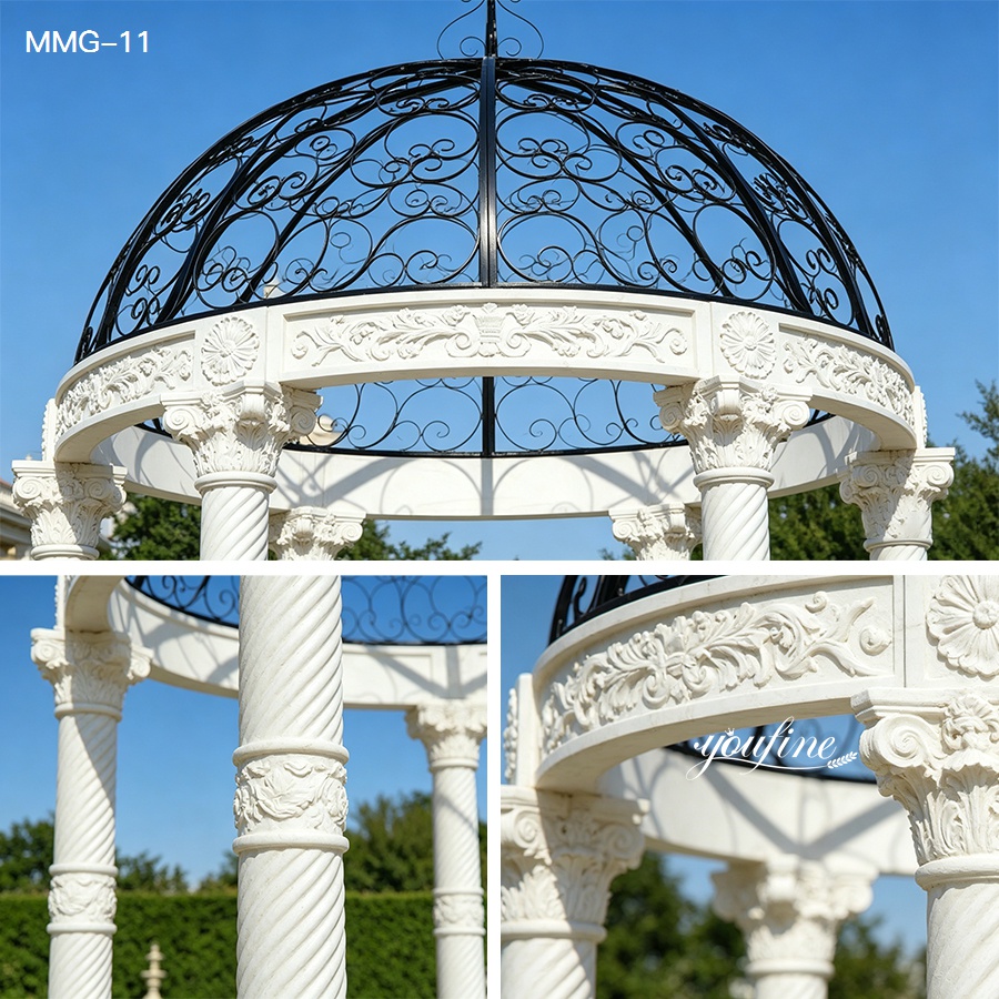 Detailed view of ornate white marble column and carved architrave of a luxury garden gazebo with black wrought iron dome