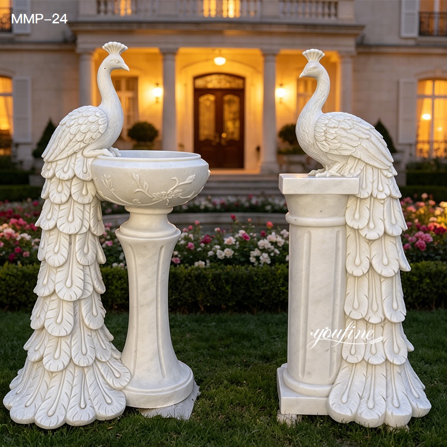 White marble peacock flower pot statue placed in a luxury garden landscape