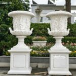 Set of 2 large carved marble plant pots for outdoor landscaping