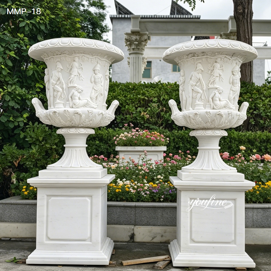 Set of 2 large carved marble plant pots for outdoor landscaping
