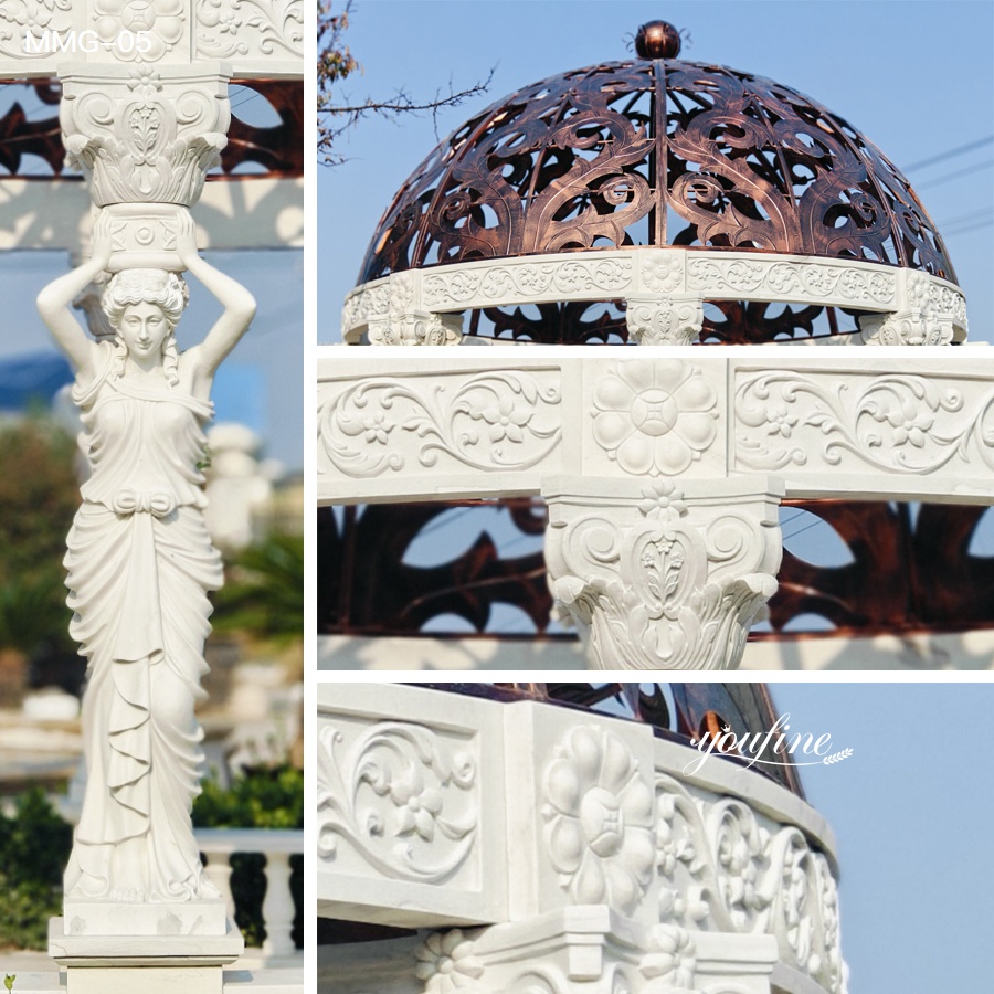 close-up details of a round garden gazebo, showing hand-carved white marble caryatid statues and intricate floral carvings on the frame, paired with an ornate copper dome
