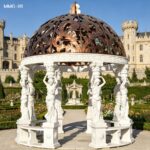 round garden gazebo crafted from white marble, featuring ornate copper dome and hand-carved caryatid statue columns for luxury outdoor landscaping