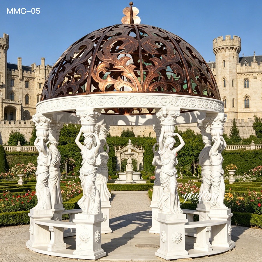 round garden gazebo crafted from white marble, featuring ornate copper dome and hand-carved caryatid statue columns for luxury outdoor landscaping