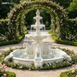 marble horse fountain with three tier water bowls in a garden
