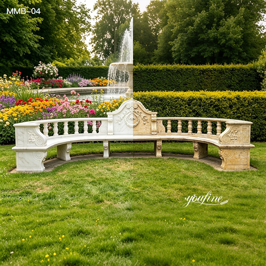 White and beige hand-carved marble garden benches displayed in an outdoor garden setting
