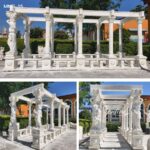 Different angles of the hand-carved marble garden stone gazebo, highlighting the structure and caryatid columns.