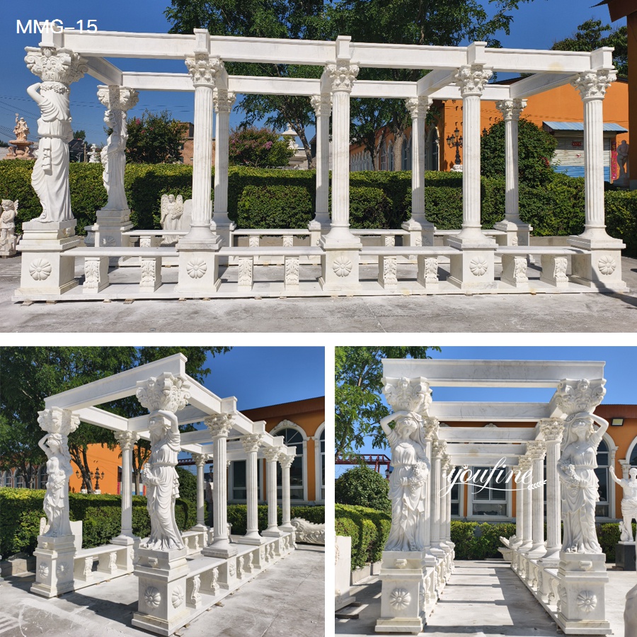 Different angles of the hand-carved marble garden stone gazebo, highlighting the structure and caryatid columns.