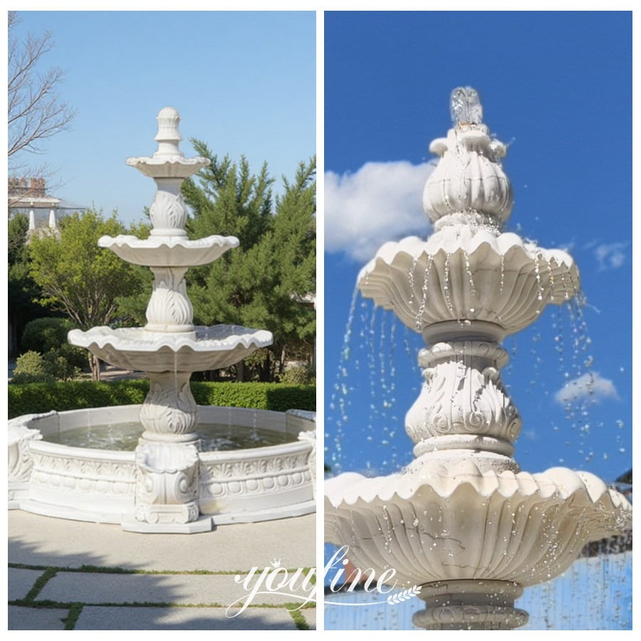 different angles of white marble fountain