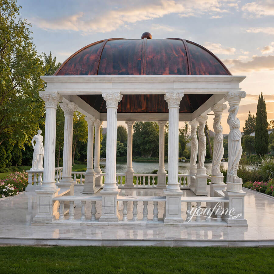 square white marble gazebo with female columns