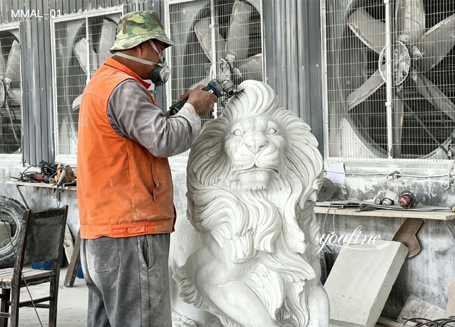 hand carving process of marble lion statue