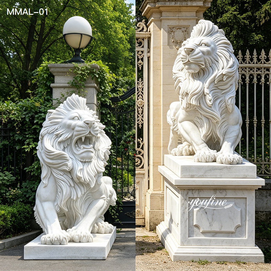 comparison of marble lion statue with pedestal and without pedestal