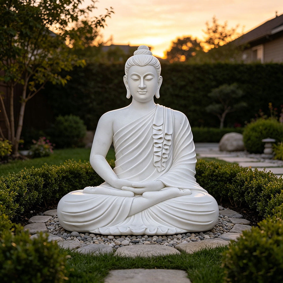 White marble Buddha meditation sculpture