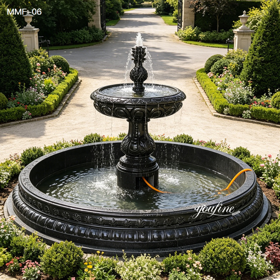 front view of one tier black stone fountain for outdoor landscape